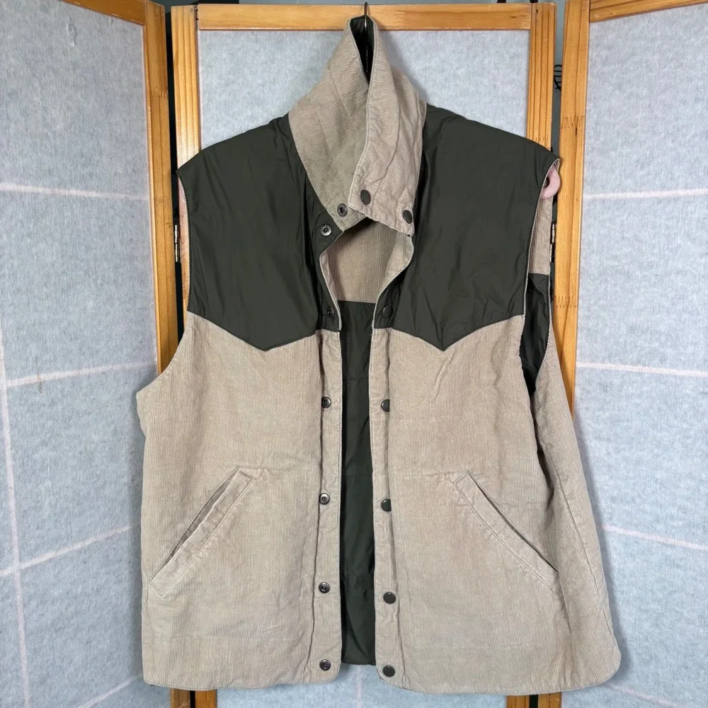 RuffHewn Reversible Puffer Vest M Olive Tan Corduroy Western Yoke Snap Front